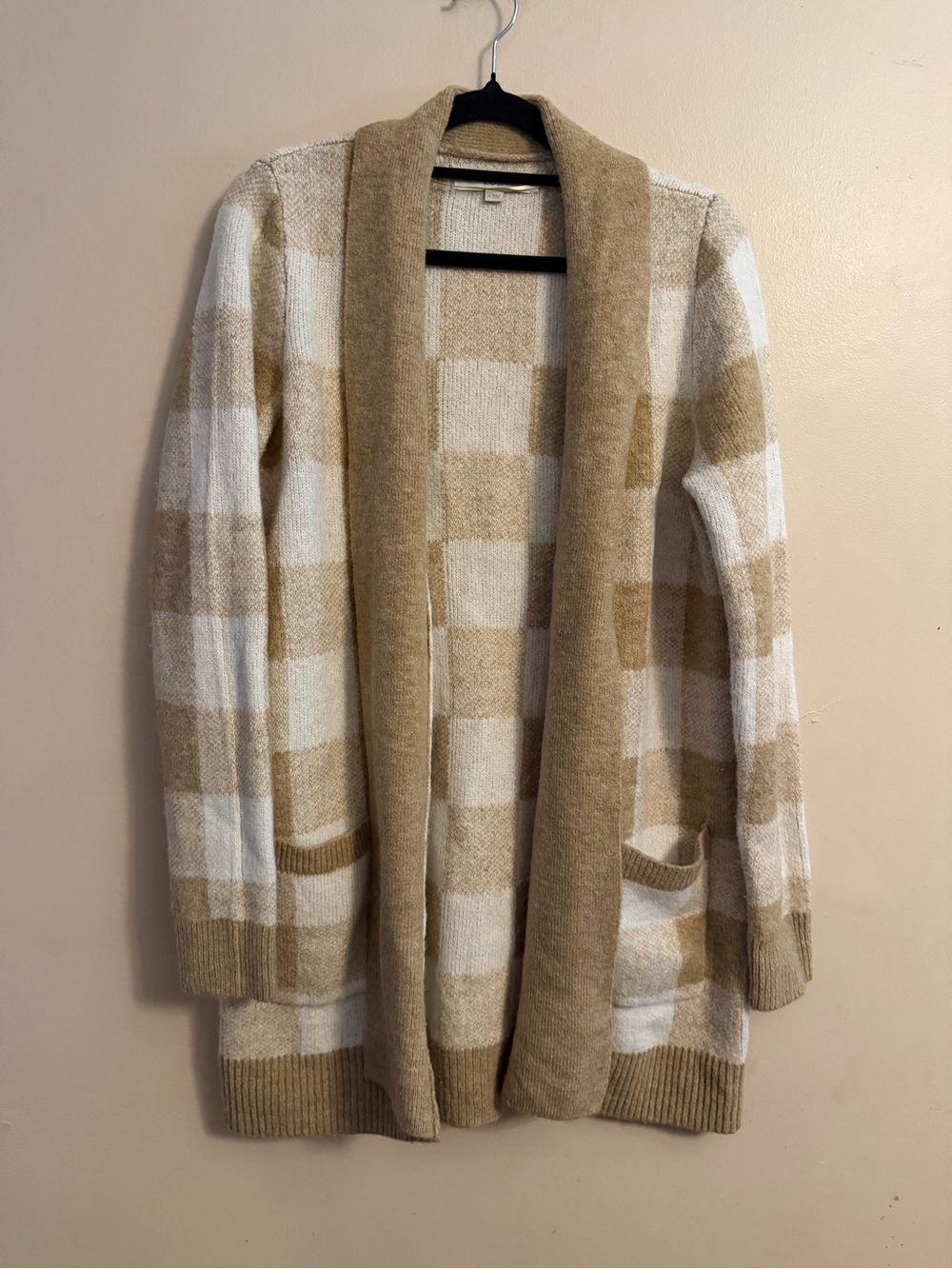 LOFT Cream and Tan Plaid Open-Front Cardigan